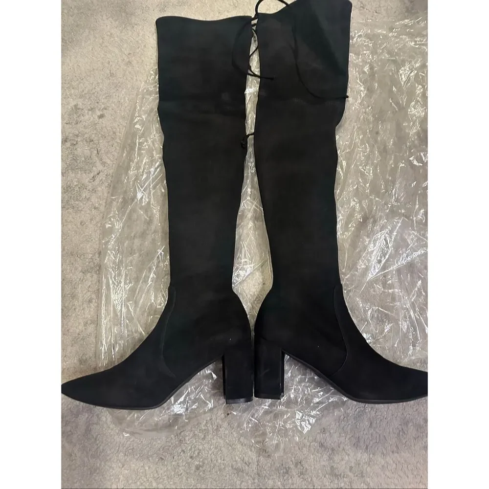 Stuart Weitzman Tieland Over The Knee Black Suede Boots Block Heel Size 6.5M